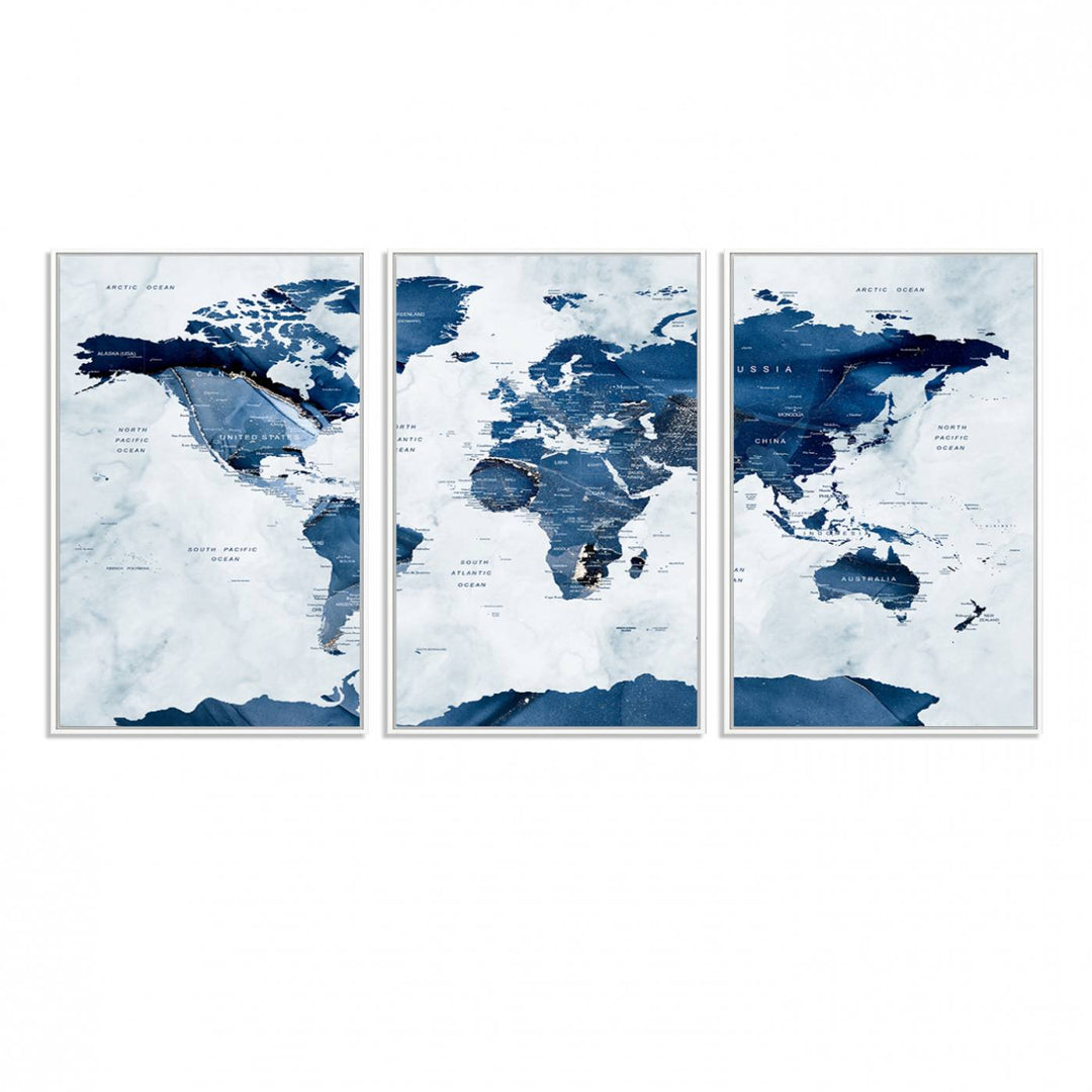 Navy Blue World Map with Antarctica Canvas: A perfect abstract home decor piece featuring a grunge-stained background.