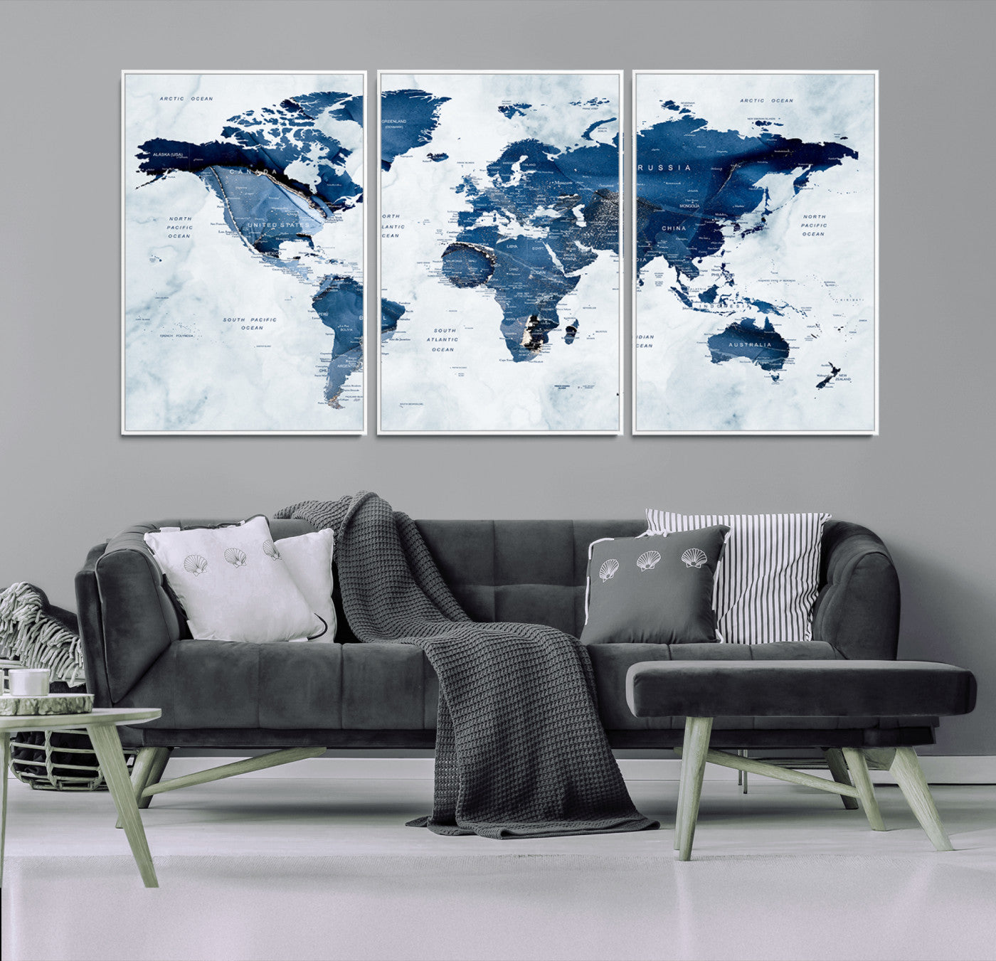88266-MGV-CV-36X24-Modern Blue Marble World Map Canvas Print – Framed Push Pin Wall Art, Elegant Travel Map Artwork for Home Office or Living Room Decor