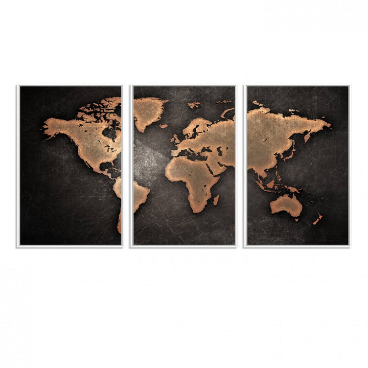 Maroon World Map Wall Art: Copper continents on a grunge-stained canvas, ideal for enhancing your decor.