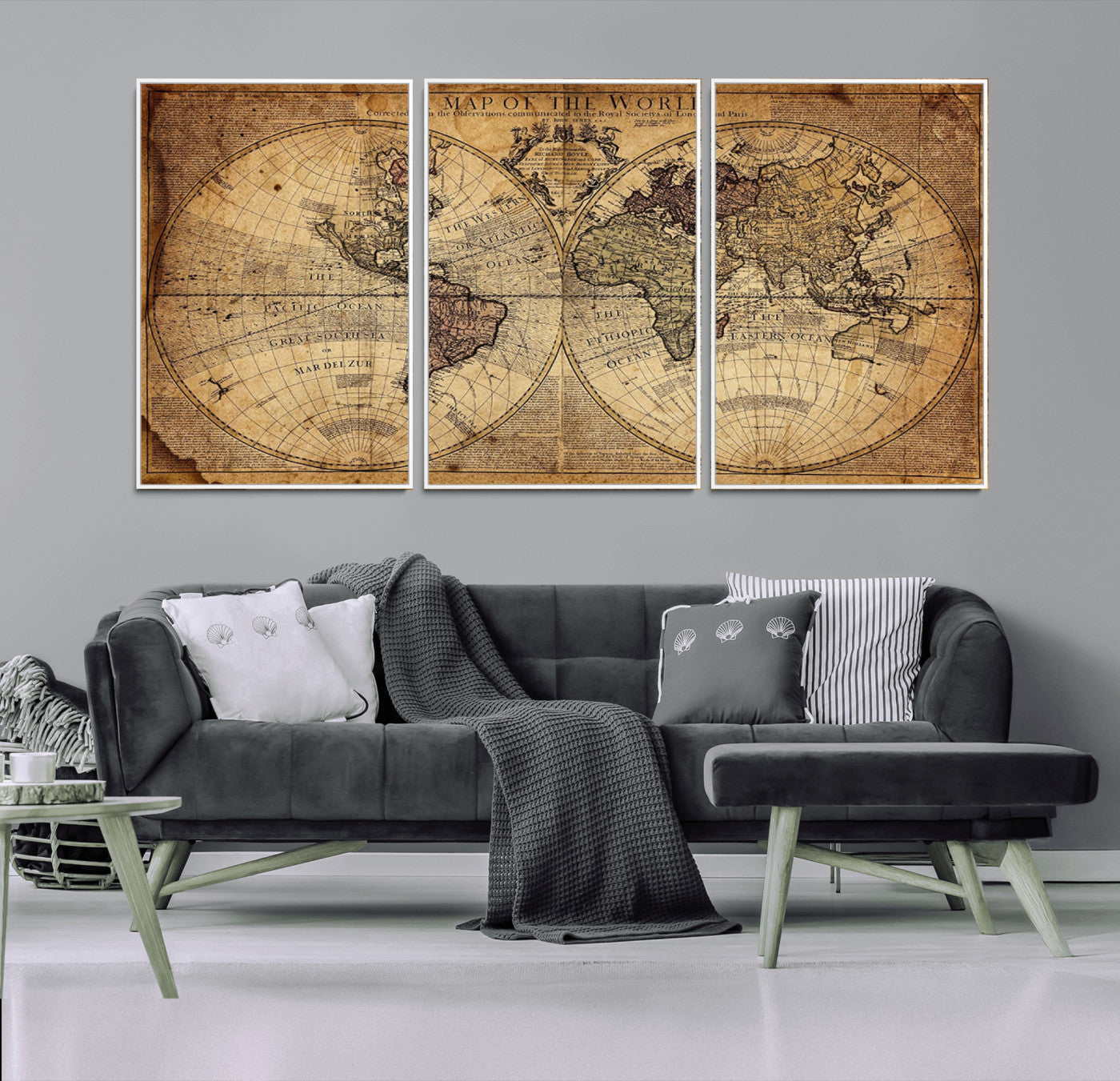 Ant1001-MGV-CV-36X24-Vintage World Map Wall Art Canvas – Antique Style Push Pin Travel Map, Framed Decorative Wall Decor for Home, Office