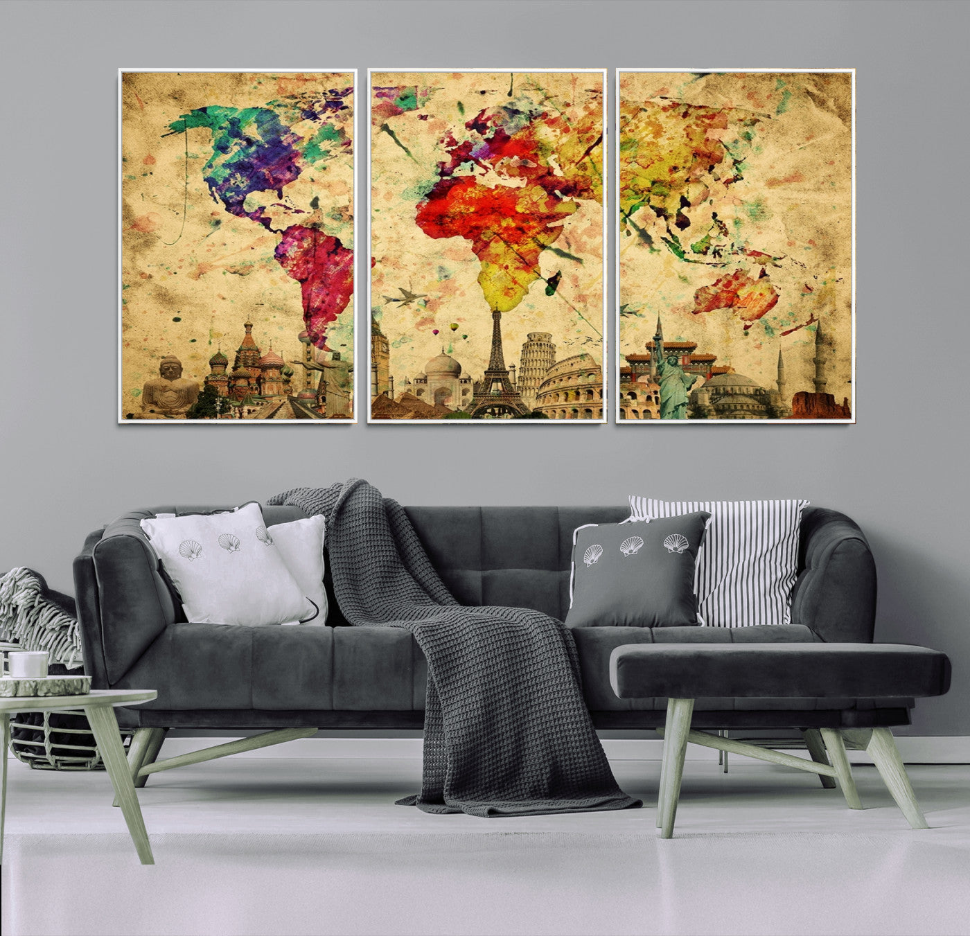 24467-MGV-CV-36X24-Colorful Watercolor World Map Canvas Wall Art – Framed Landmark Travel Map Print, Vibrant Global Artwork for Home and Office Decor