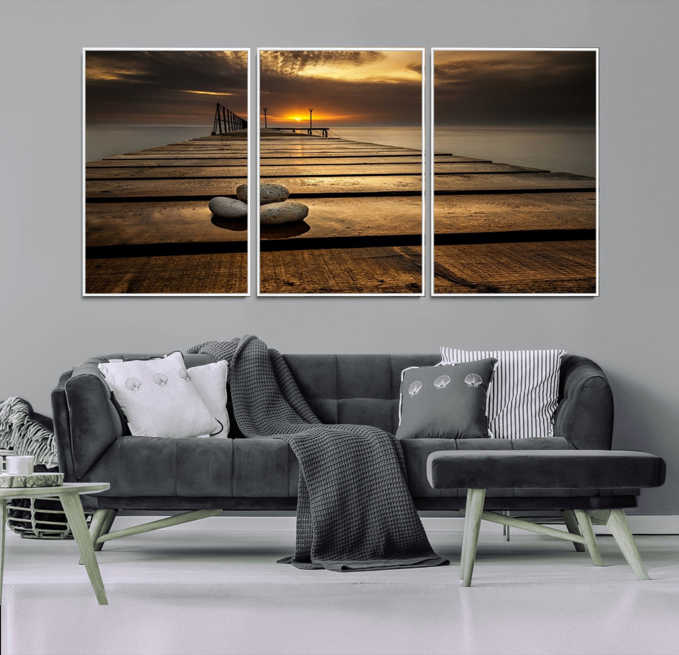 MGV-FC-60X30-3P - Stones on Wooden Pier at Sunset Canvas Print, Serene Coastal Wall Art, Beach Sunset Photography,