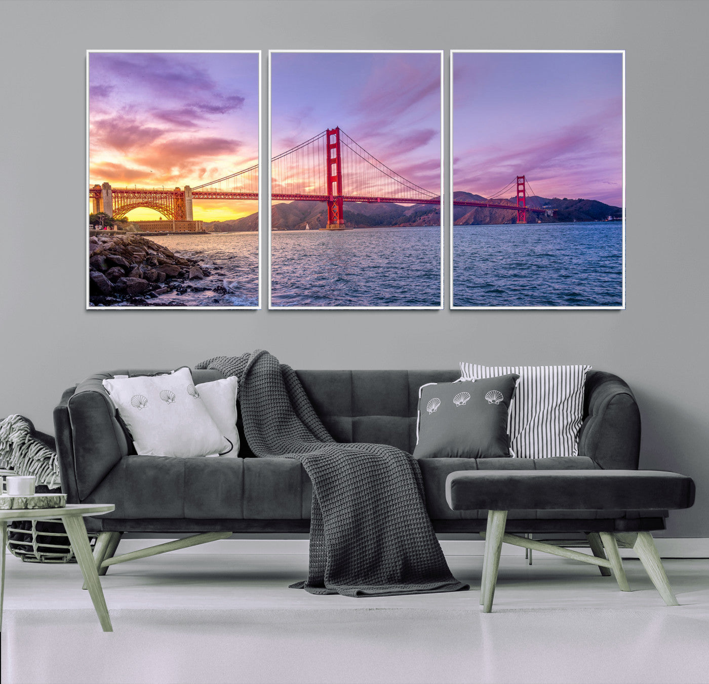 MGV-FC-60X30-3P - Golden Gate Bridge Wall Art Print, San Francisco Sunset Canvas Wall Art, Cityscape Canvas Print for