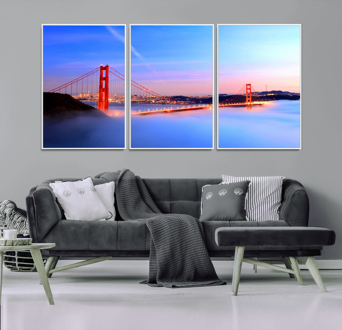 MGV-FC-60X30-3P - Golden Gate Bridge Wall Art Print, San Francisco Sunset Canvas Wall Art, Cityscape Canvas Print for