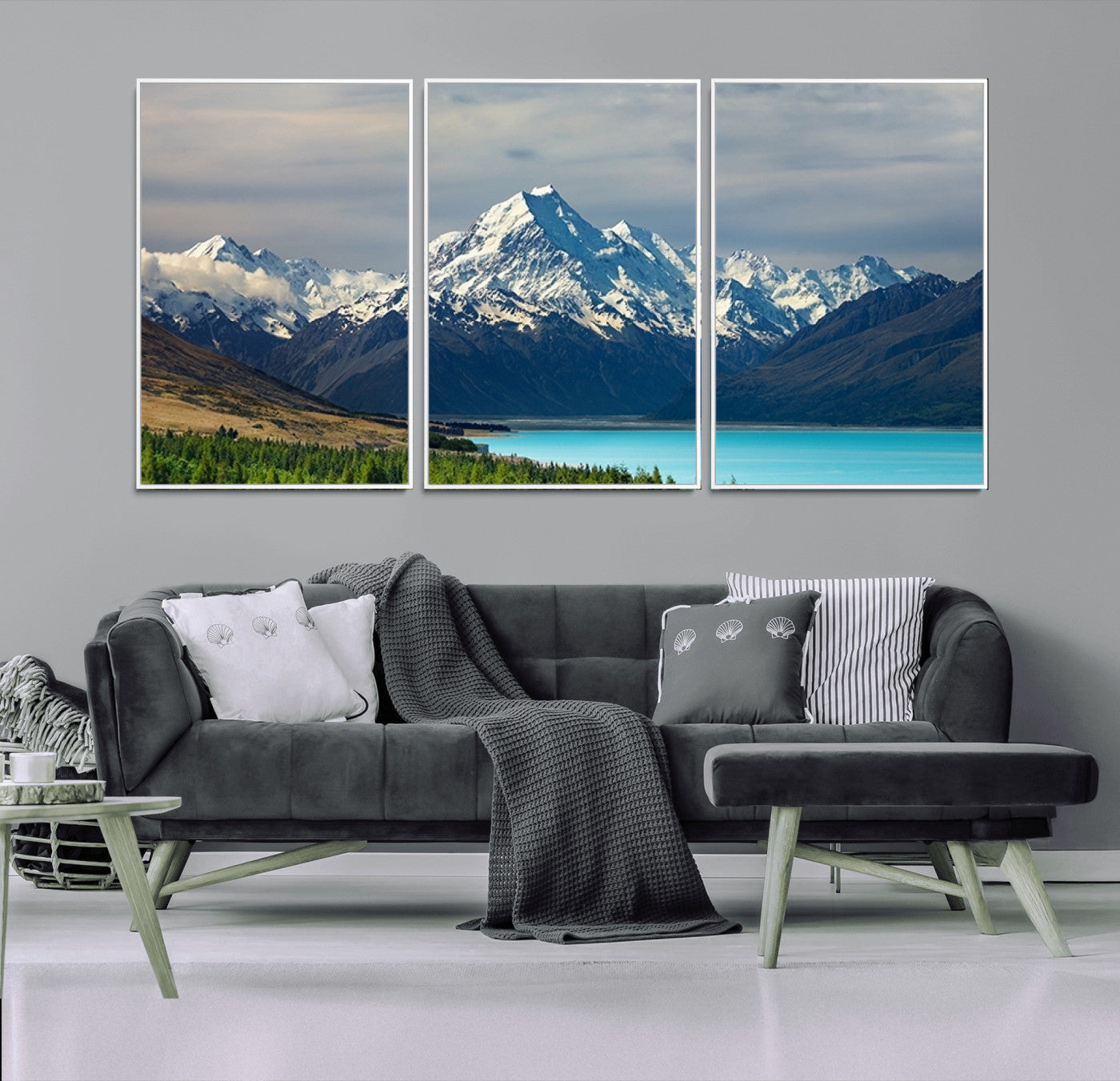 MGV-FC-60X30-3P - Mount Cook and Lake Pukaki Canvas Wall Art Print – Majestic Snow-Capped Peaks and Serene Lake Wall
