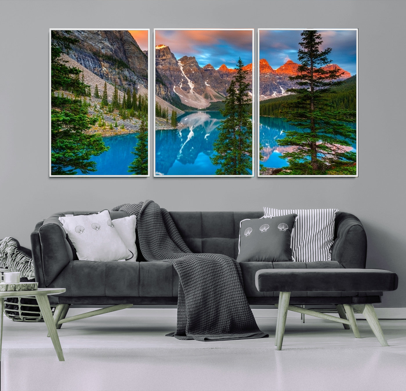 29782-MGV-FC-60X30-3P_White-Canadian Rockies Moraine Lake Wall Art Canvas Print, Pine Trees Mountain Spring Canvas Print