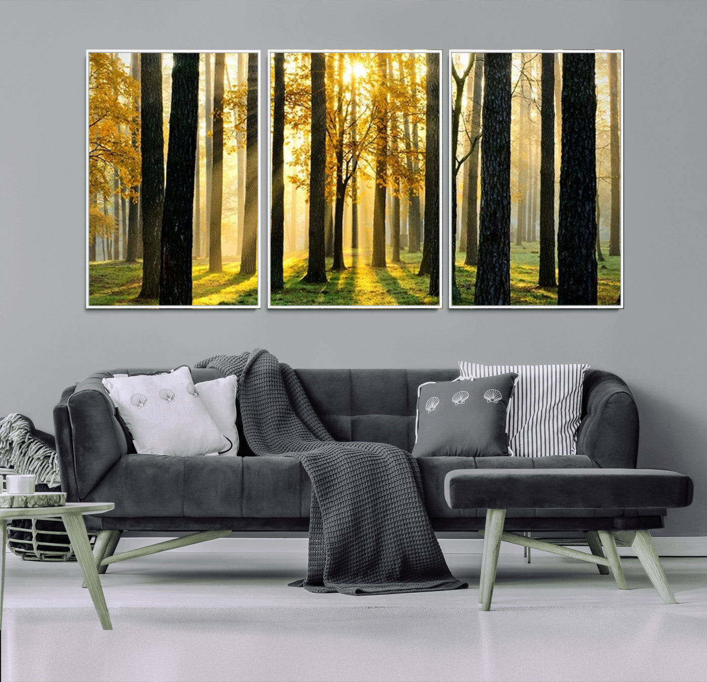 MGV-FC-60X30-3P - Sunlit Forest Canvas Wall Art – Serene Woodland Triptych Landscape Print – Nature-Inspired Decor for
