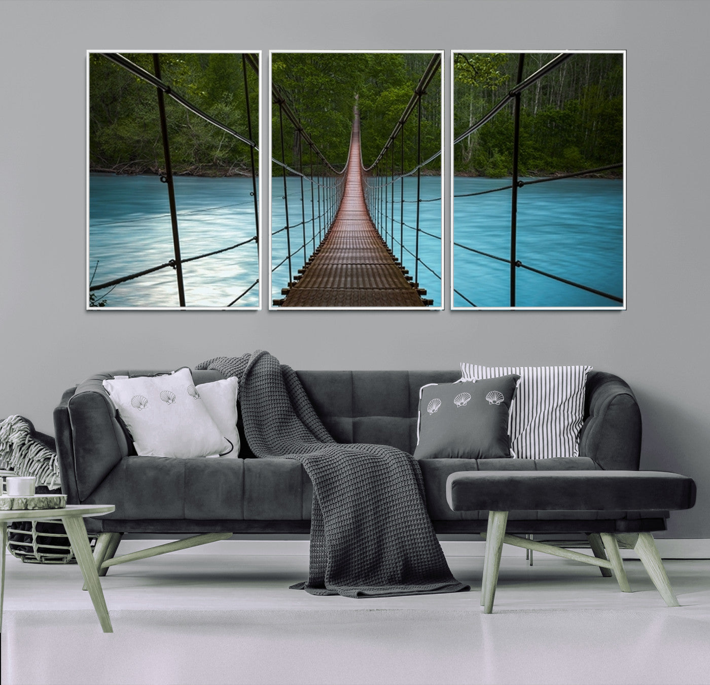 70229-MGV-CV-36X24-Suspension Bridge Over River Canvas Art | 3-Panel Nature Photography | Scenic Wall Art for Living