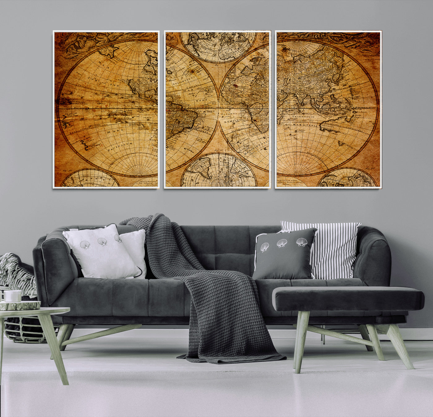 25517-MGV-FC-60X30-3P - Vintage World Map Canvas Print – Antique Push Pin Travel Map, Framed Wall Art for Home or Office Decor