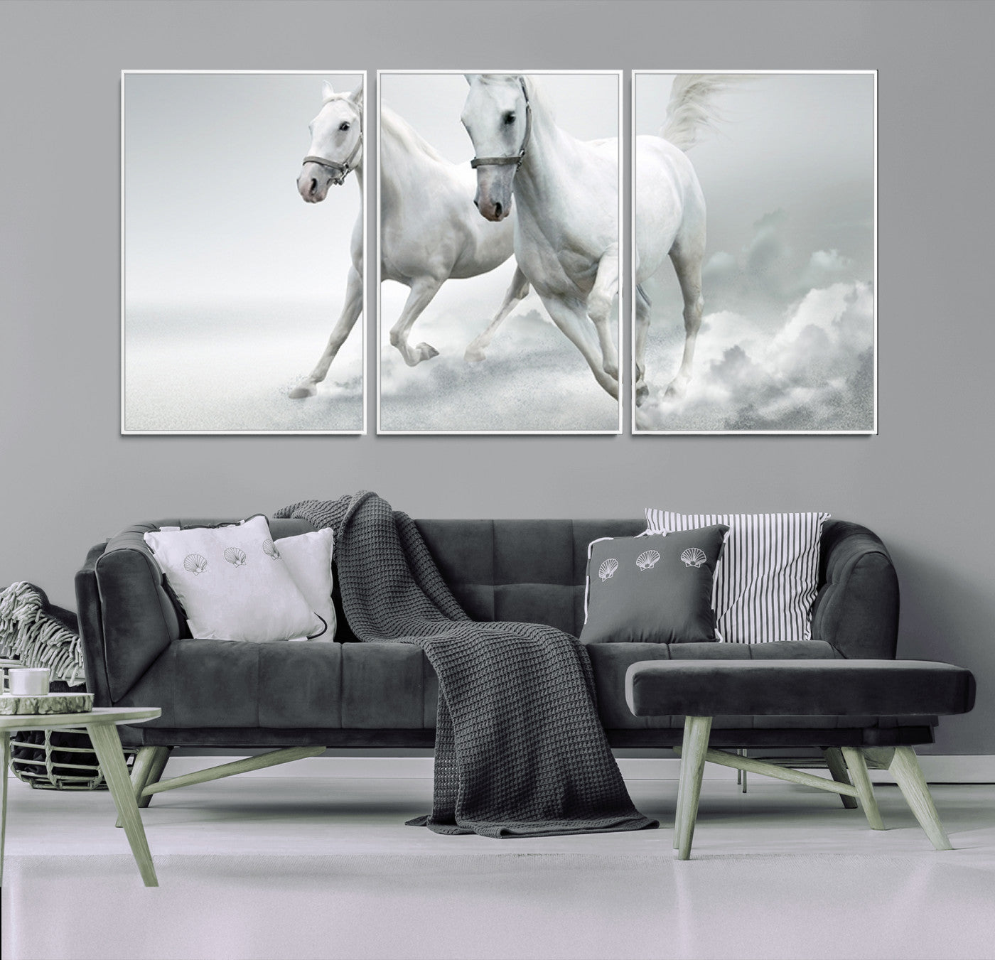 MGV-FC-60X30-3P - Large Wall Art Animal Canvas Print - Beautiful Running White Horses