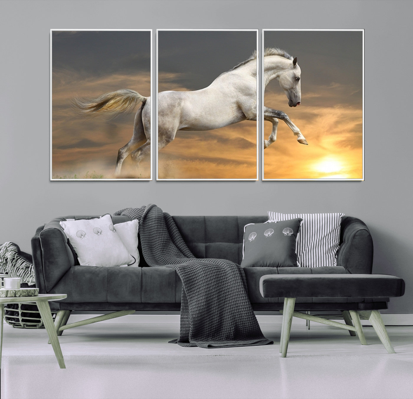 MGV-FC-60X30-3P - Large Wall Art Animal Canvas Print - White Jumping Horse at Sunset