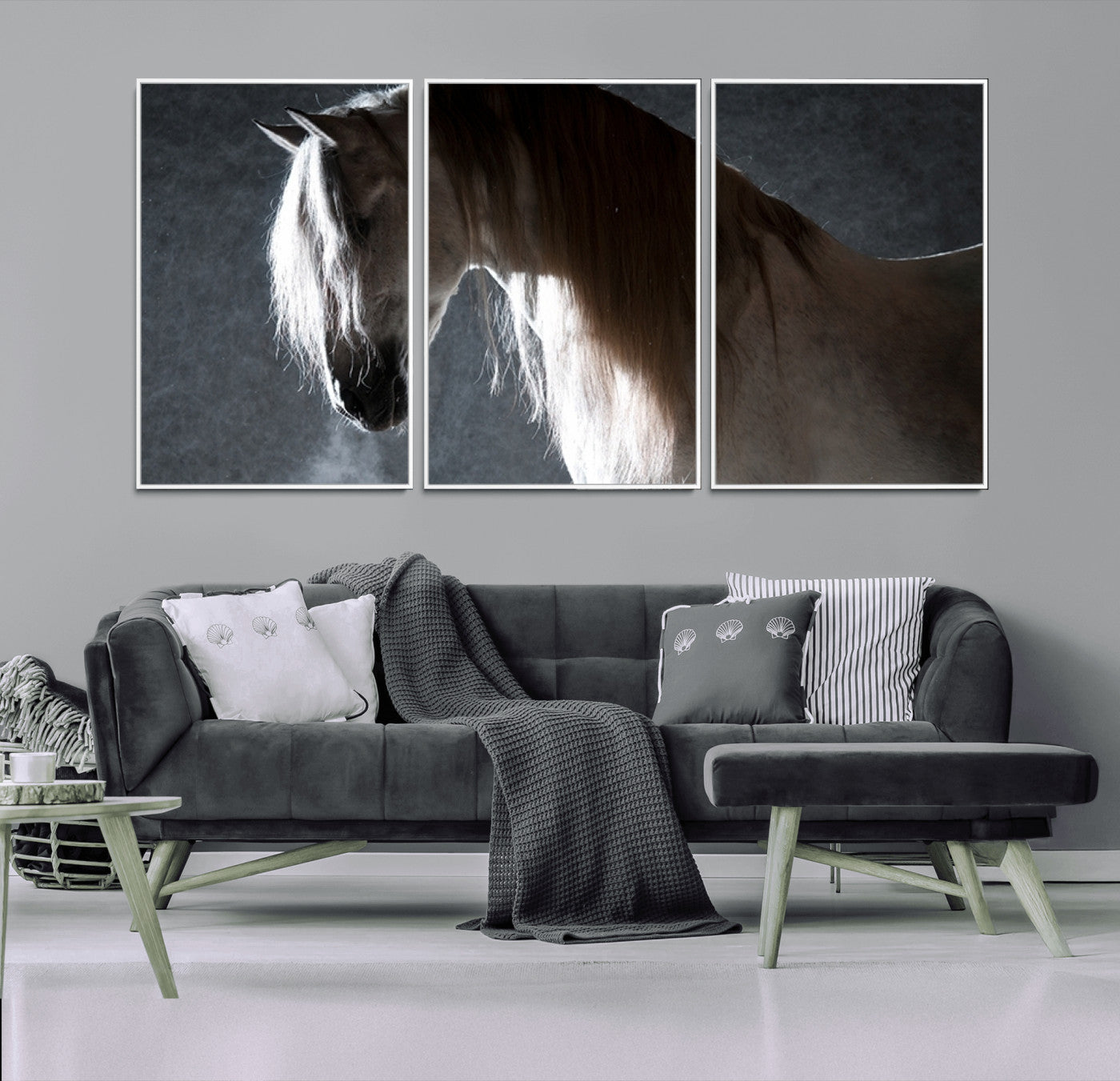 MGV-FC-60X30-3P - Large Wall Art Cream Colored Horse on Grey Background Canvas Print