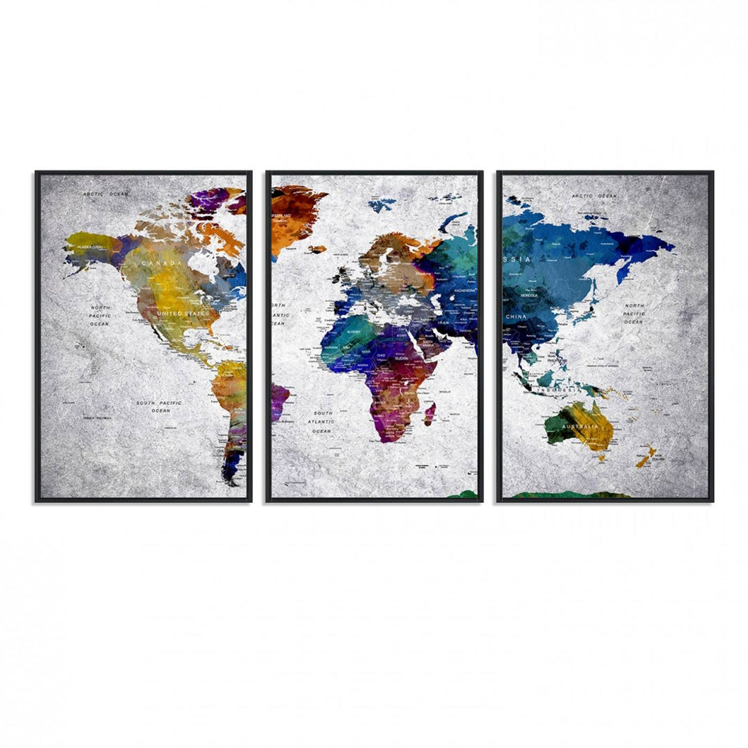 The World Map Art Canvas Print, featuring country names on a grunge-stained gray background, is perfect for stylish home decor.