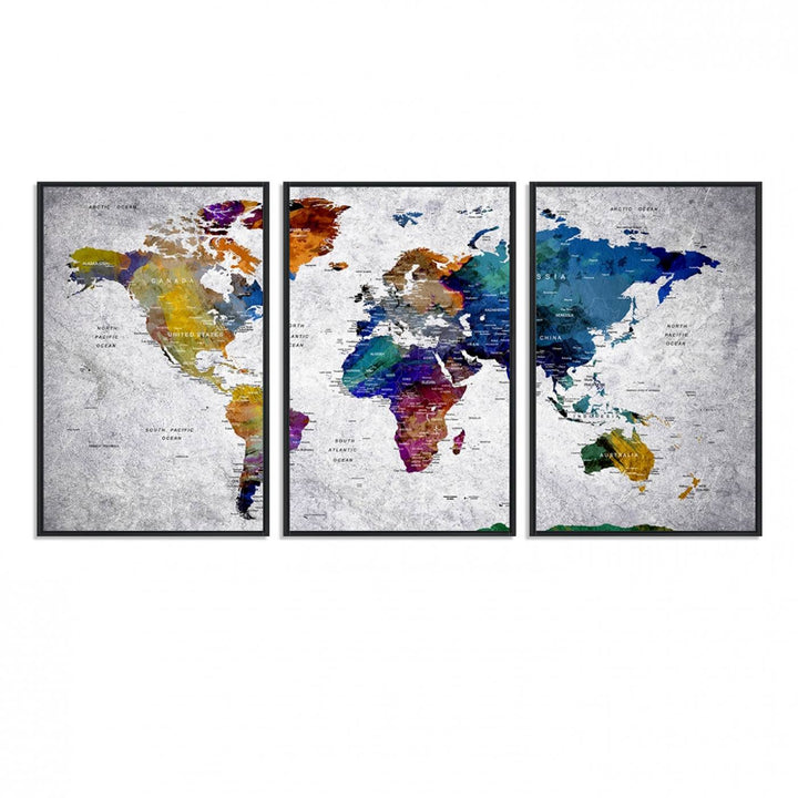 The World Map Art Canvas Print, featuring country names on a grunge-stained gray background, is perfect for stylish home decor.