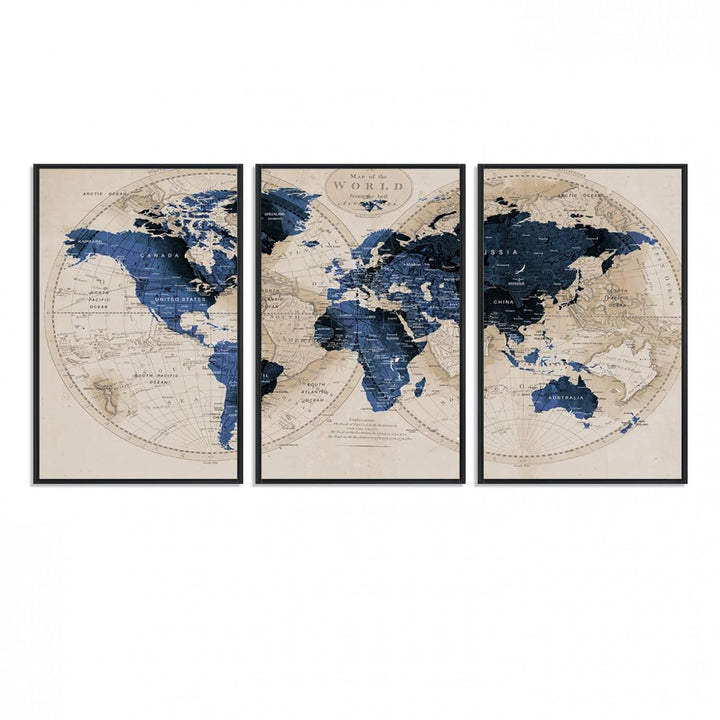 The Vintage Triptych Map Print is a grunge-stained blue and beige world map, perfect for enhancing wall decor.