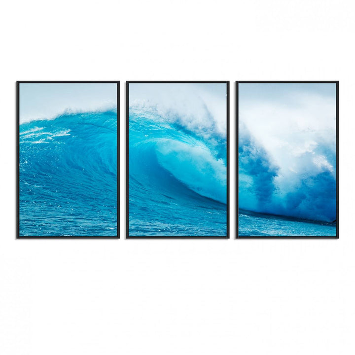 A museum-quality canvas depicting a vibrant blue ocean wave with white foam under a clear sky.