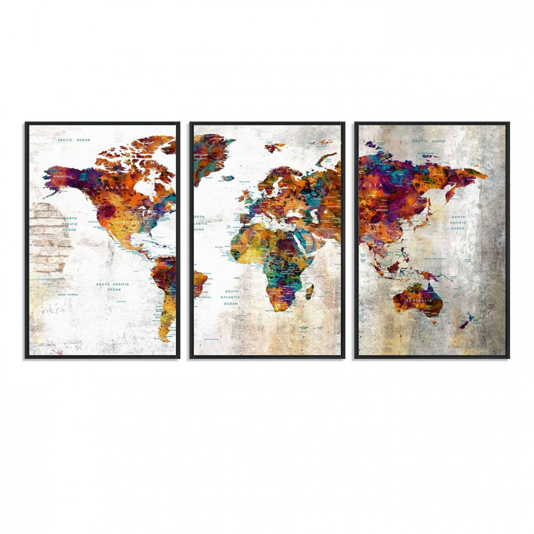 A vibrant Grunge Map Canvas Wall Art Set (3 Panels) for home or office decor, perfect for travel enthusiasts.