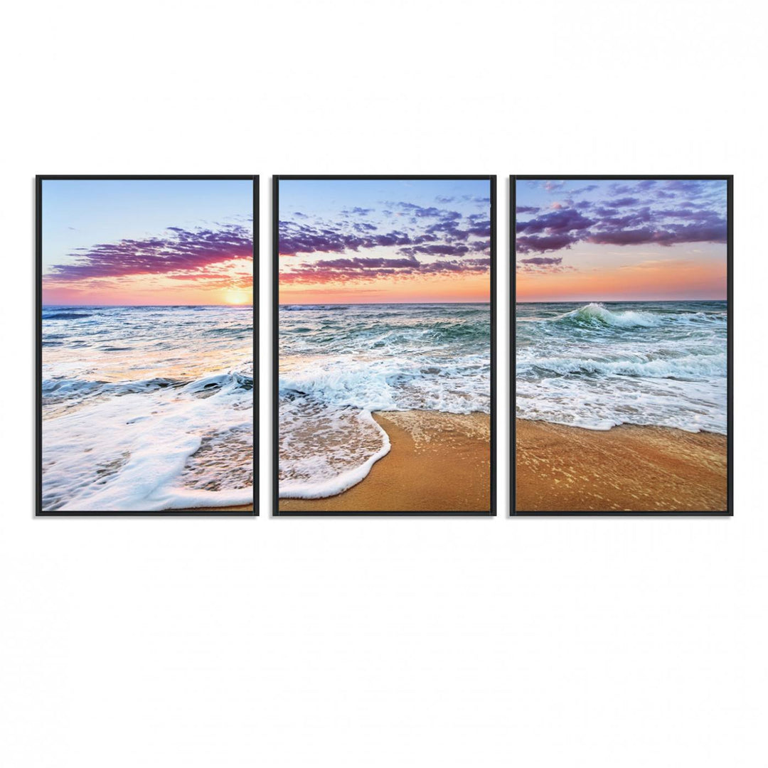 The Coastal Sunset Art Canvas Print features ocean waves beneath a vibrant sky in a stunning 3-panel seascape.