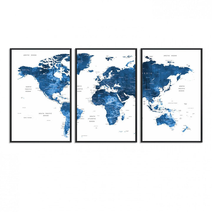 Navy Blue Wall Art World Map Canvas Print, an ideal piece for anyone seeking unique home or office decor.