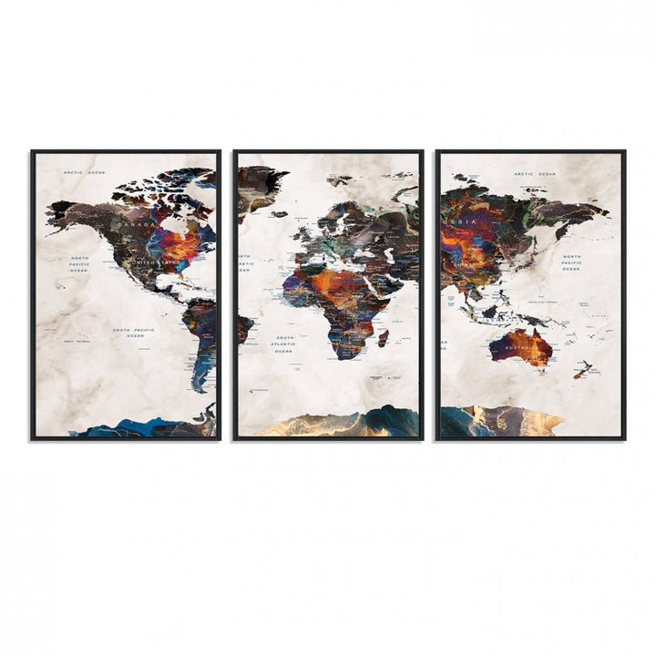 Watercolor World Map Canvas Print in earthy hues with a grunge background, ideal for wall decor.