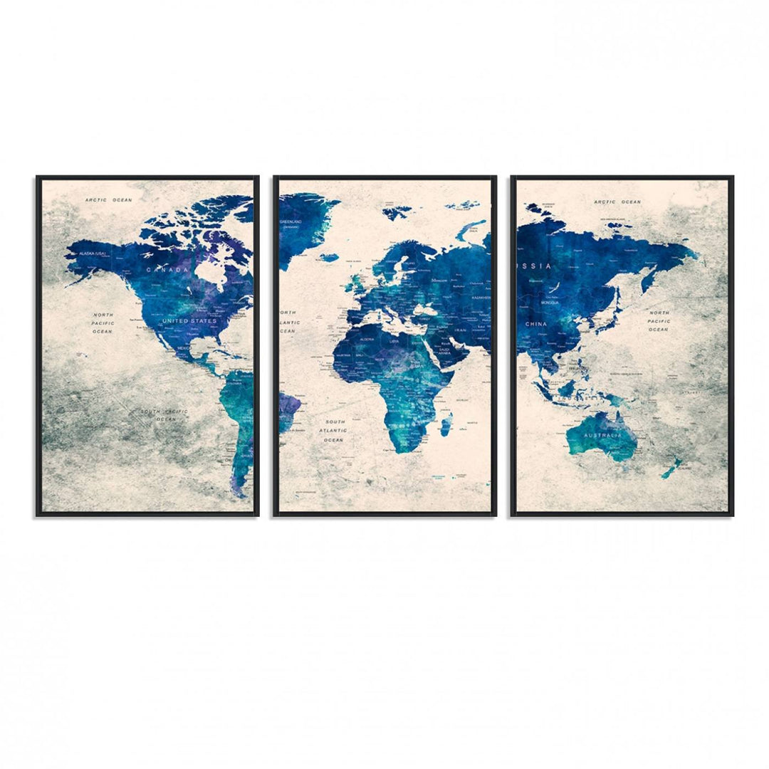 Navy Blue Push Pin World Map Canvas Print featuring a grunge-stained background, with labeled countries and oceans.