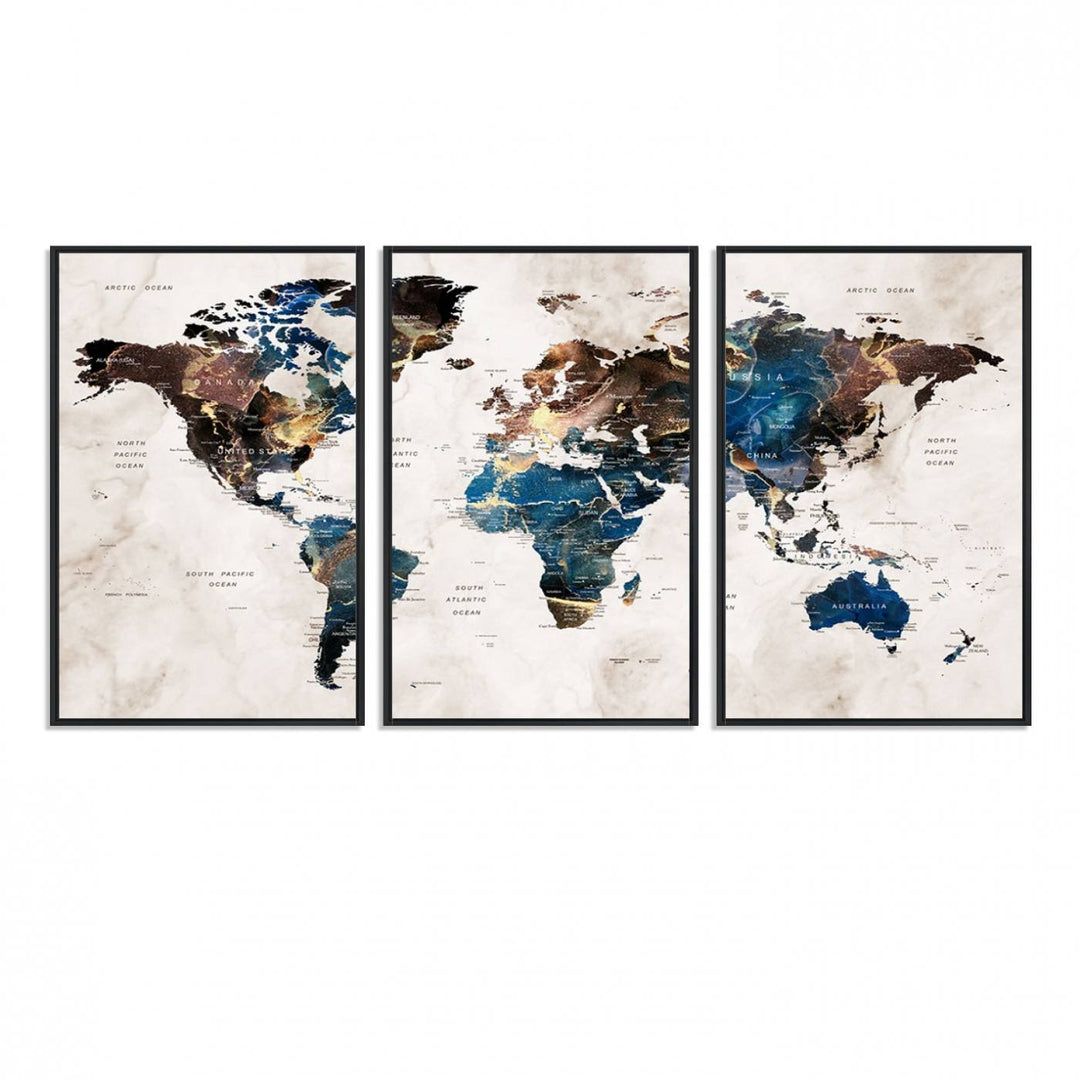 Abstract earth-toned 3-panel world map wall art featuring blues and browns, ready to hang; it showcases continents on modern canvas.