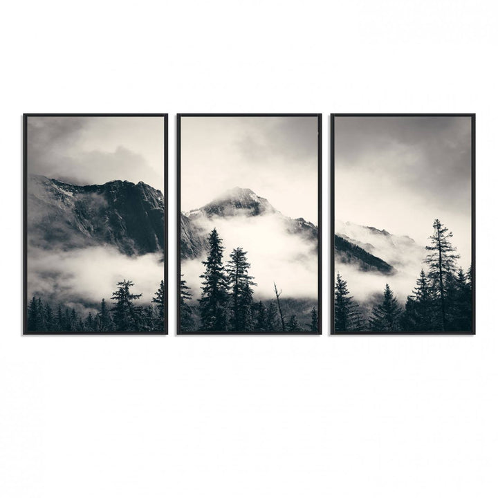 Forest Mountain Print - Black and White Canvas.