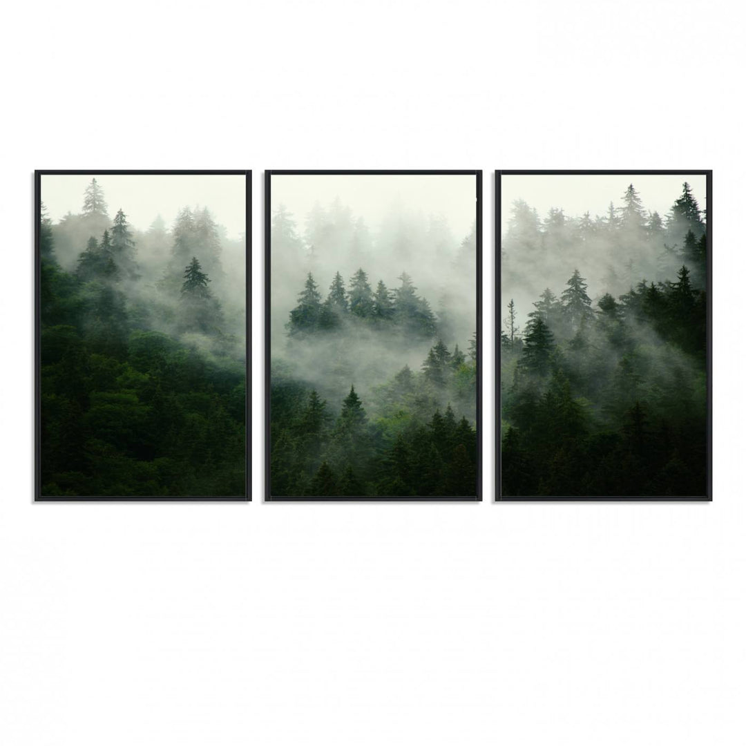 Misty Forest Mountain Wall Art: A 3-panel foggy landscape canvas print, ideal for enhancing home decor with natures beauty.