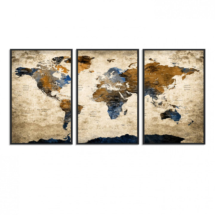 A Vintage World Map Canvas featuring brown, blue, and white on a textured background. Ideal for wall art in living rooms or offices.