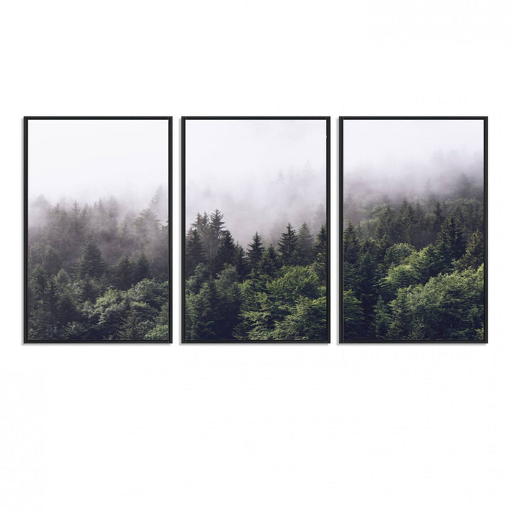 A serene triptych nature print featuring a misty forest, perfect as wall art.