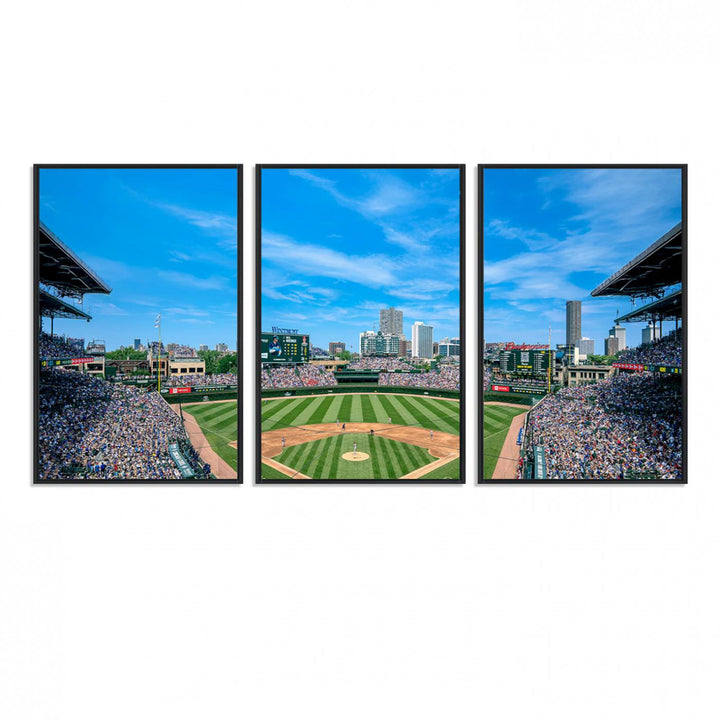 Panoramic view of Wrigley Field, ideal for the Wrigley Field Chicago Cubs Panoramic Canvas Wall Art - Ready to Hang.