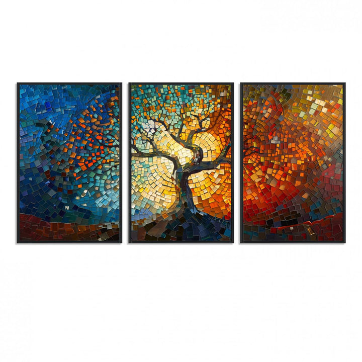 Mosaic Tree Canvas Wall Art: A stunning stained glass-inspired Tree of Life featuring blue and orange swirling patterns reminiscent of a sunburst.