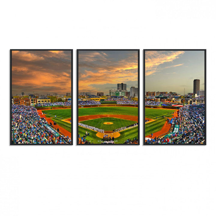 Aerial view of Wrigley Field at sunset against a vibrant sky, creating the perfect Chicago Wrigley Field Canvas Wall Art.