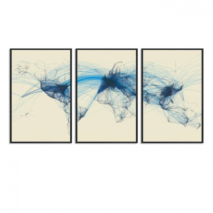 Flight Routes Map: Air Traffic Avi World Map featuring blue lines symbolizing global data. Ideal for home decor and ready to hang.