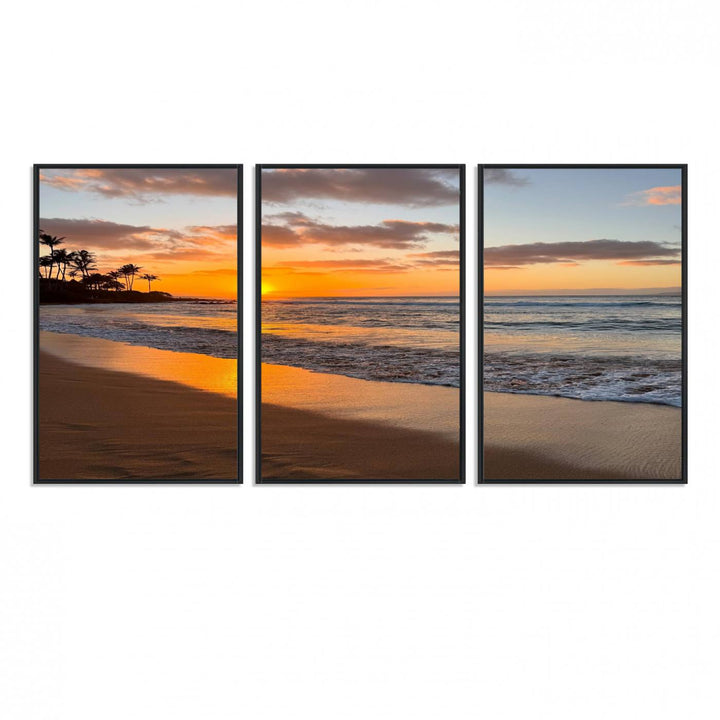 Sunset Wall Art Print featuring a beach sunset with waves and palms, perfect for coastal decor.