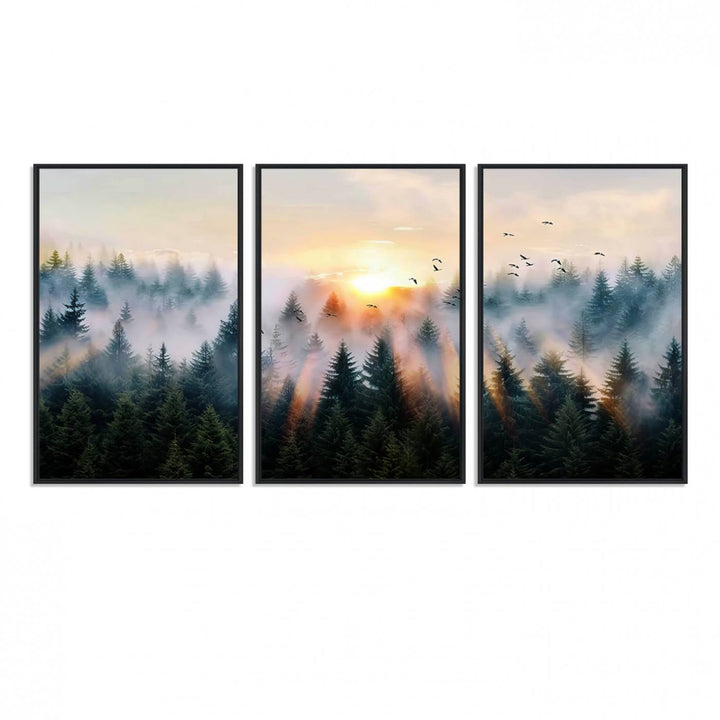 Sunrise over a misty forest with rays filtering through trees in the Abstract Forest Wall Art featuring soaring birds.