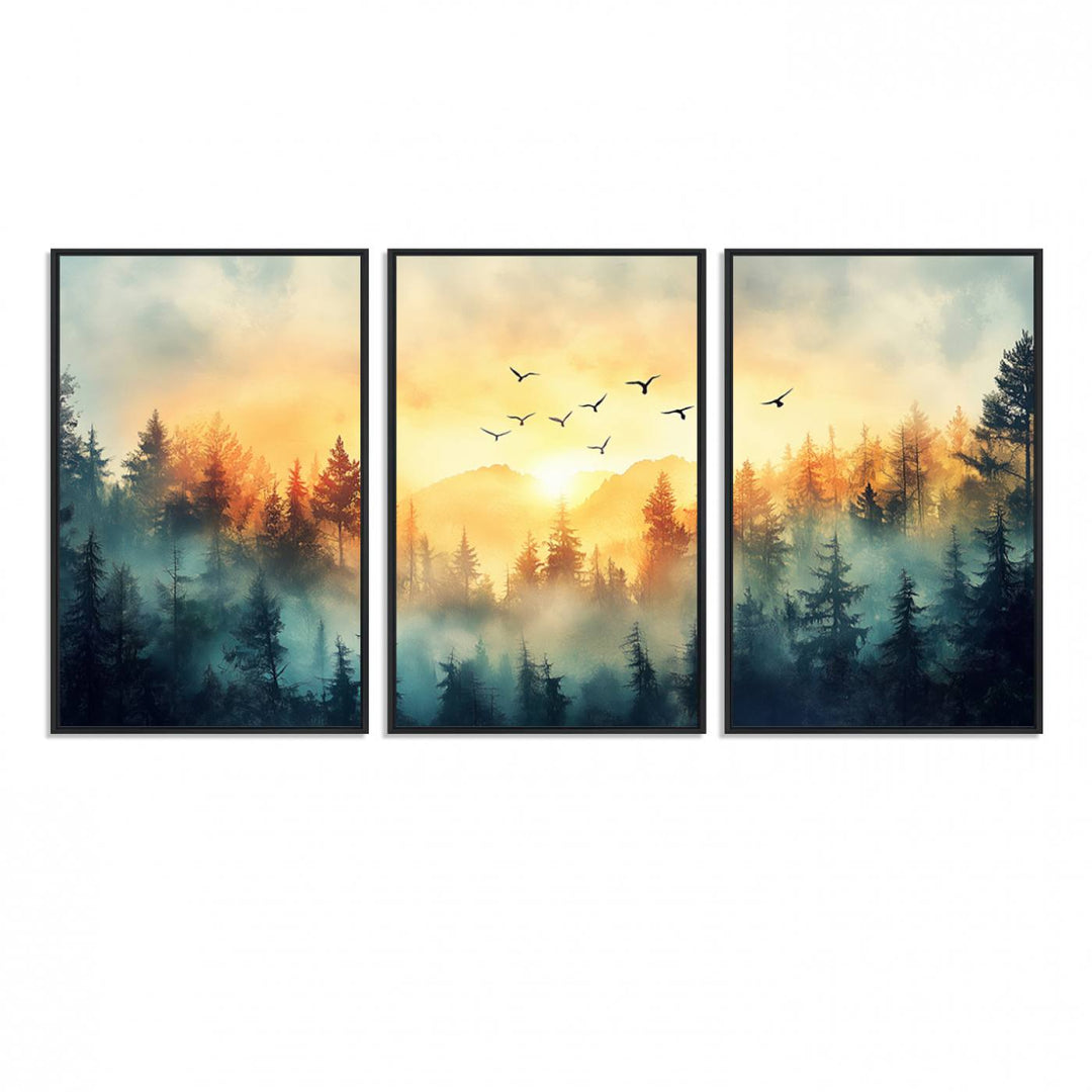FRSABS2-MGV-FC-60X30-3P_Black-Abstract Forest Wall Art Print- Serene Nature Canvas Print with Misty Forest Design for Modern Home or Office Decor