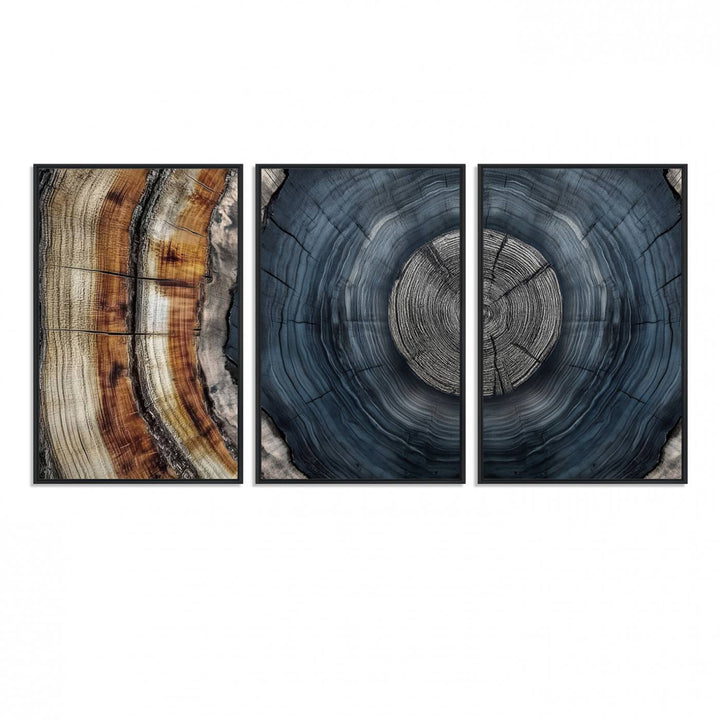 Close-up of the Abstract Tree Rings Wall Art Print featuring shades of blue, brown, and gray.