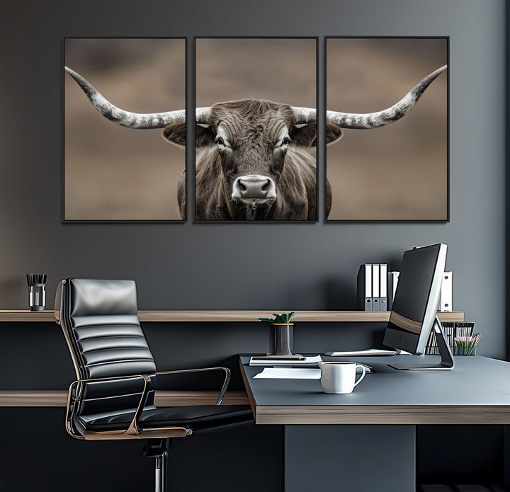 The Framed Texas Longhorn Bull Art Canvas Print adds timeless elegance to the serene setting.