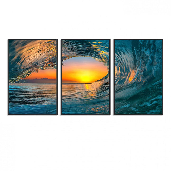 The Ocean Wave Sunset Wall Art canvas print features a vibrant ocean wave at sunset, forming a tunnel with silhouetted mountains.