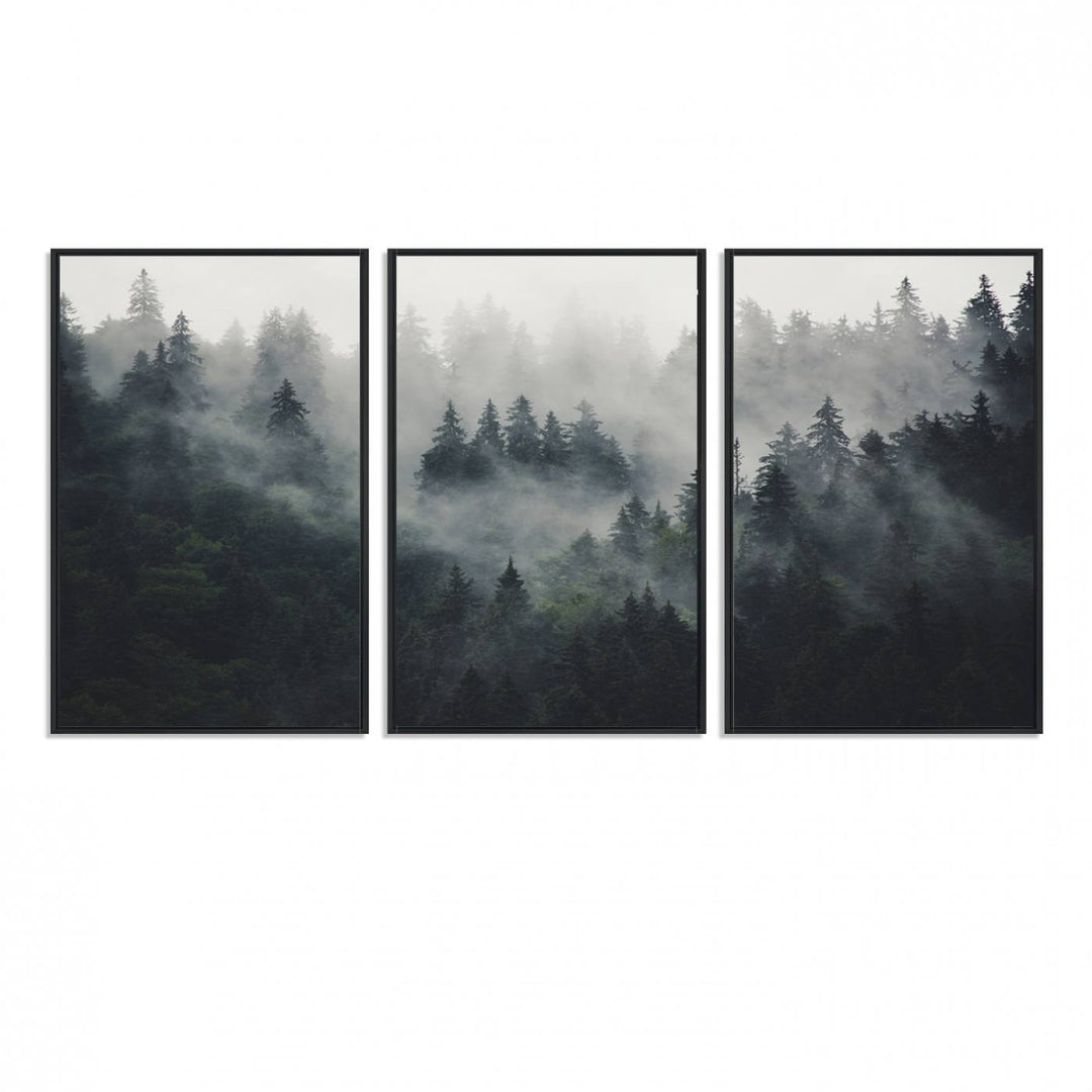 The Serene Triptych Print features tall evergreens, creating a mysterious and calming atmosphere.