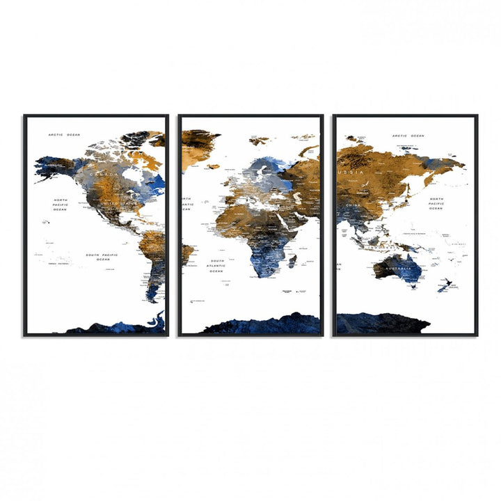 The Triptych Modern World Map Canvas in blue and brown is an ideal global decor piece for enhancing living rooms or offices. It comes ready to hang.