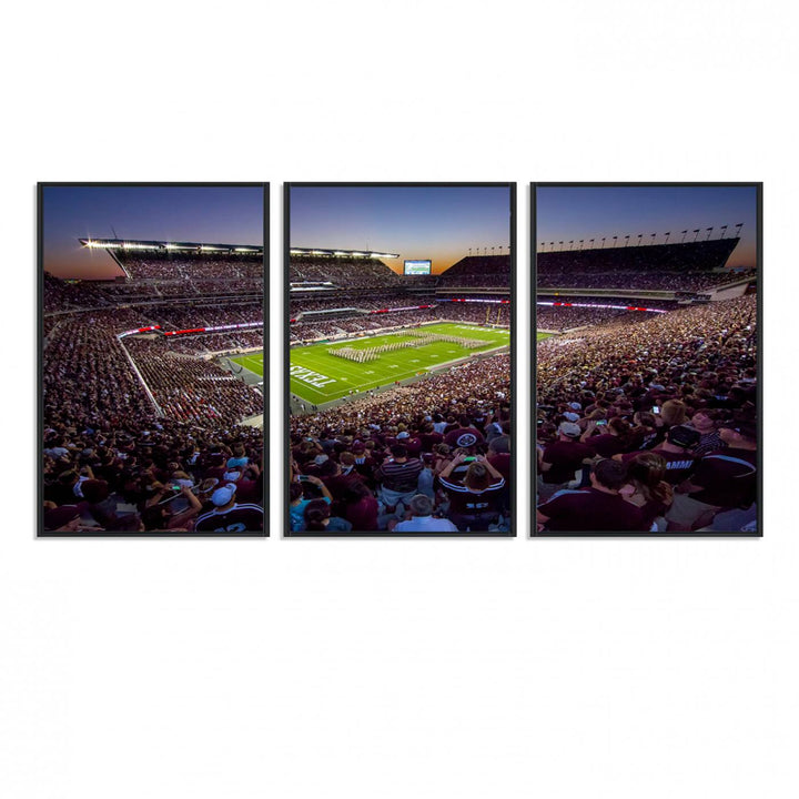 A vibrant canvas print of Texas A&M Aggies at College Stations Kyle Field Stadium captures the energy of fans cheering as the band marches at sunset.