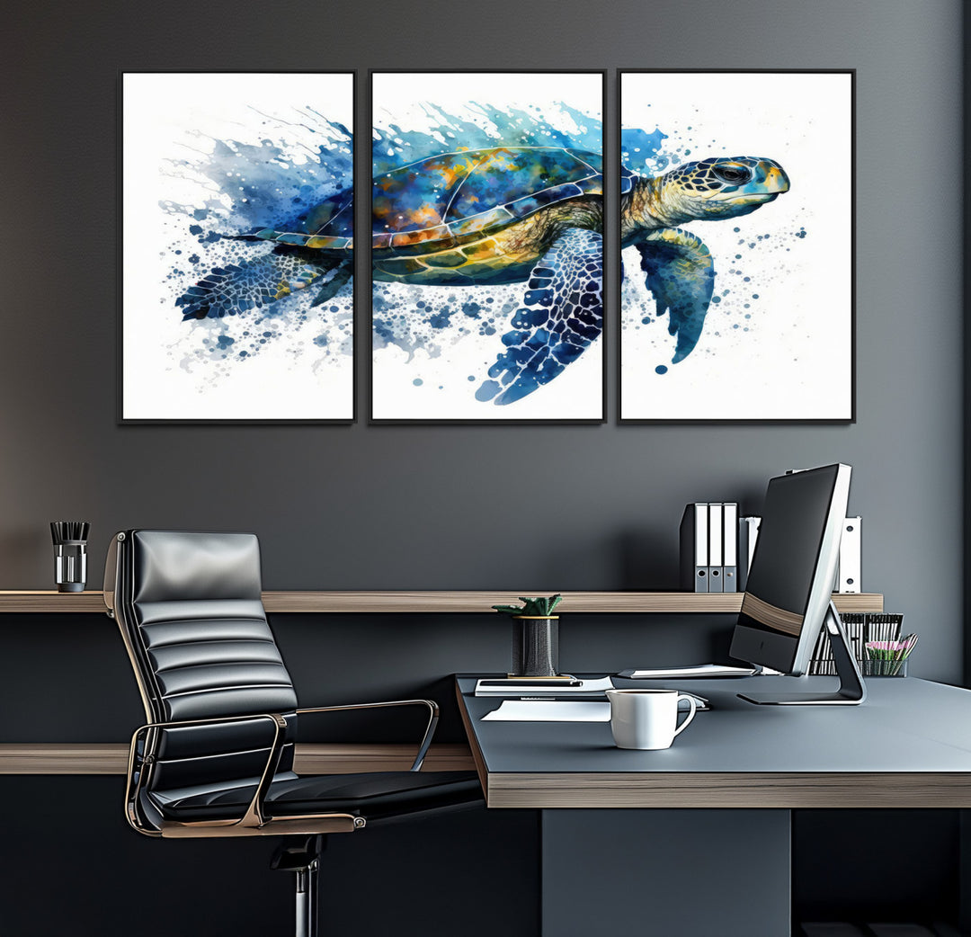 The Turtle Wall Art Print, featuring blue splashes, beautifully showcases Ocean Life.