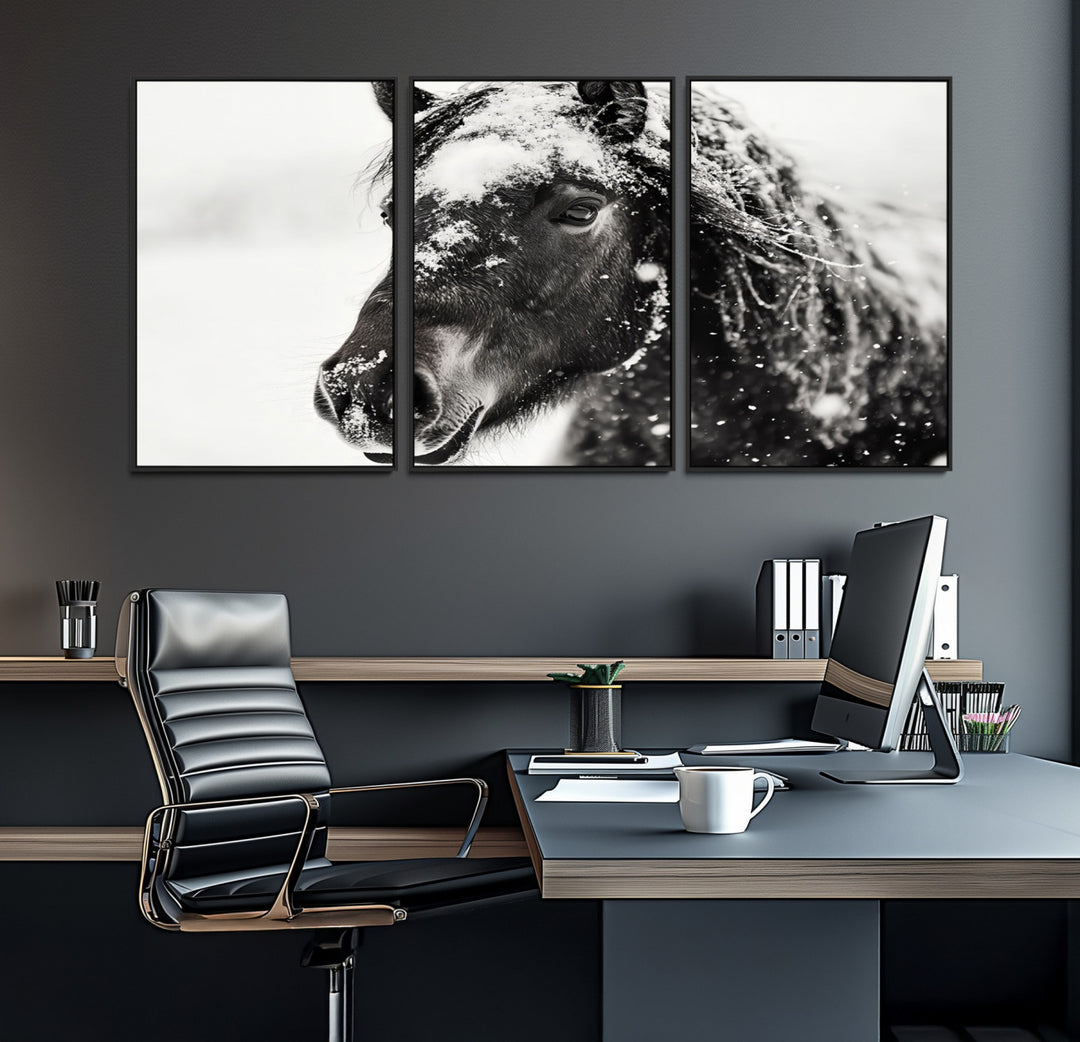 The wall art is a Black and White Horse piece, framed and ready to hang.