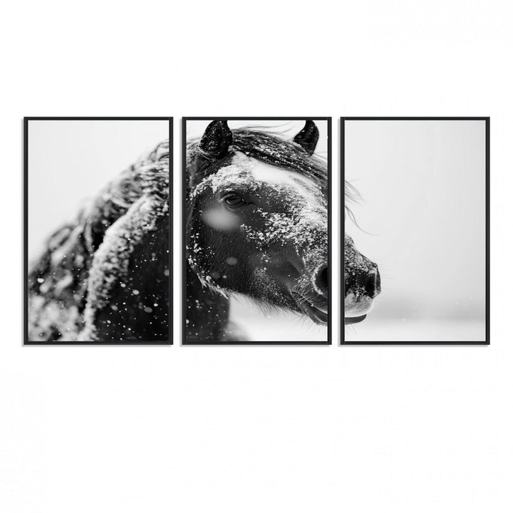 A large 3-panel rustic farmhouse wall art showcases a black and white winter horse canvas print against a snowy backdrop.