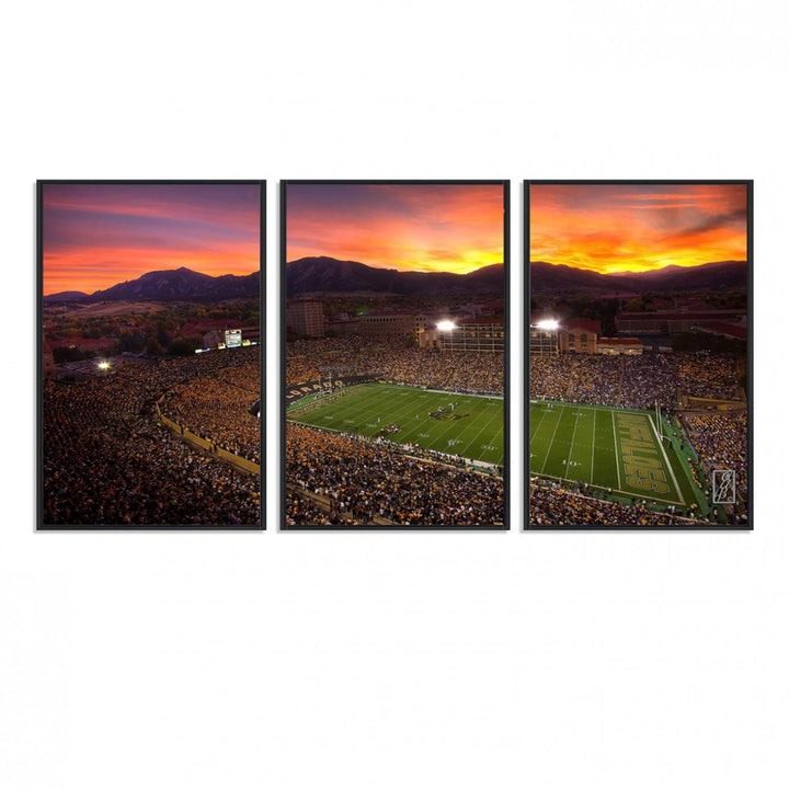 A vibrant mountain sunset at Folsom Field, home of the University of Colorado Football team, is captured in this stunning wall art canvas print.