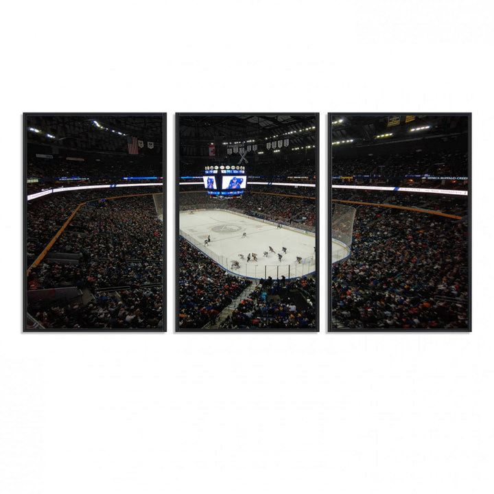 The wall art captures the essence of a Buffalo Sabres game on ice at KeyBank Center, making it deserving of a premium canvas print.