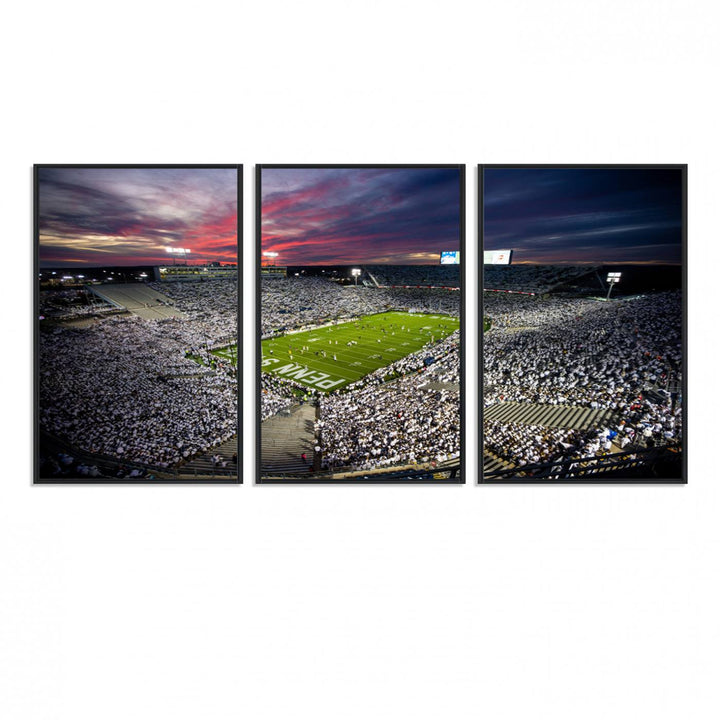 A sunset print on a canvas wall art piece captures the scene of white-clad fans at Beaver Stadium for the Nittany Lions game.