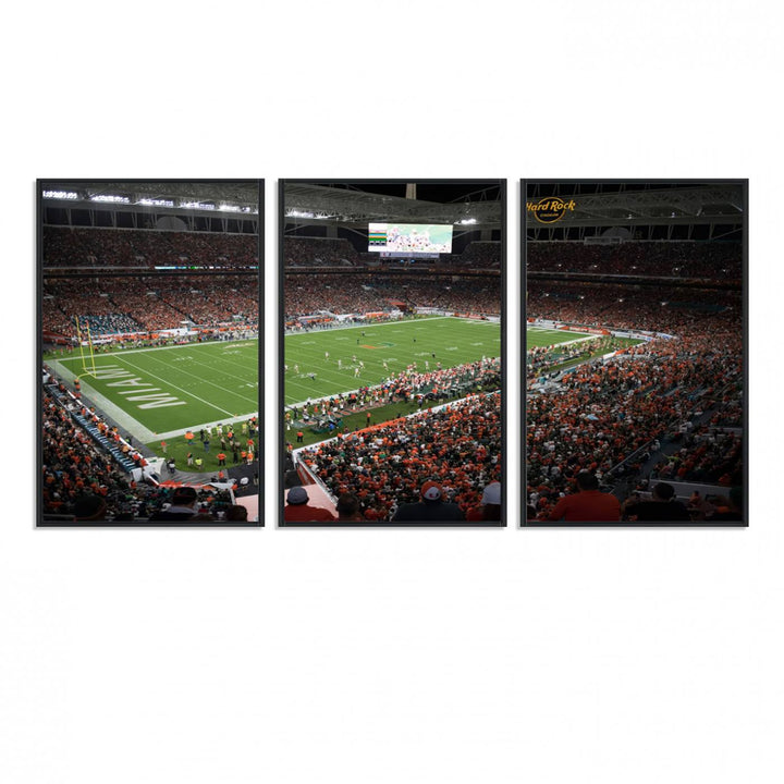 Aerial view of a Miami Hurricanes game at Hard Rock Stadium captured on canvas print, showcasing the teams on the field and fans in the stands.